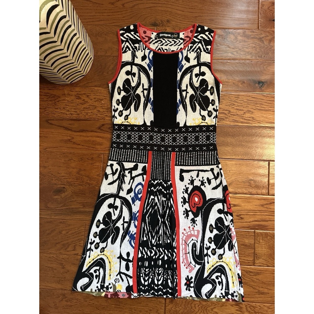 Desigual Multicolor Sleeveless Patterned Knit Dress with Red Trim